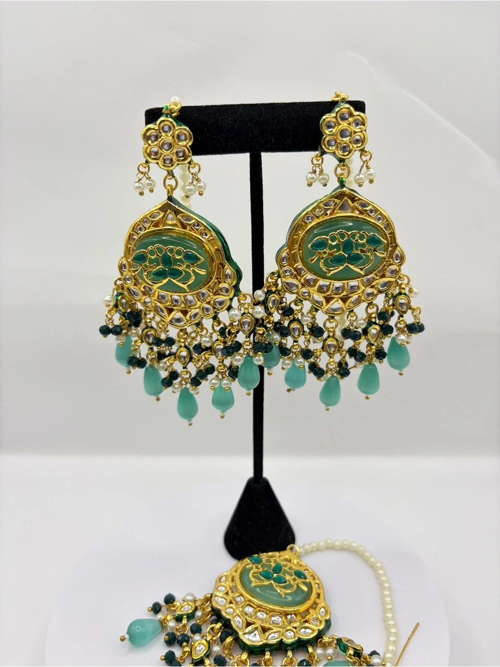 Green Jade Beads Gold Kundan Chandbali Earrings with Maang Tikka